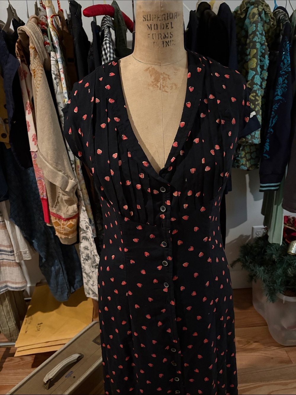 Free People Black Midi Dress with Red strawberry Print NWT